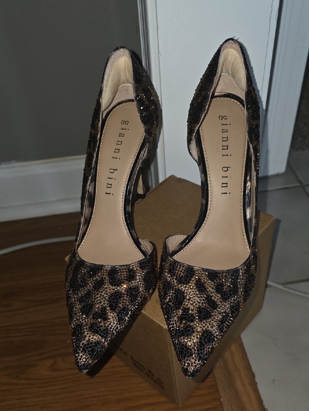 Gianni Bini Black and Gold Leopard-Print D'Orsay Pointed-Toe Heels